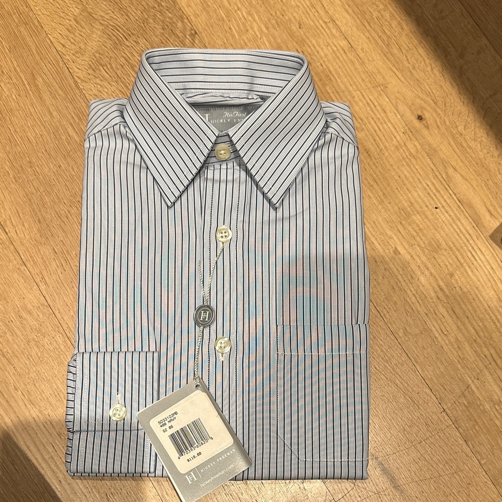 Hickey Freeman Navy Striped Dress Shirt boys sz 6 nwt